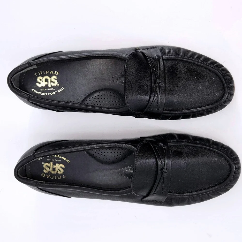 SAS Bounce Black Leather Wedge Loafer Moc Toe Slip On Comfort Shoes 9.5‎ M